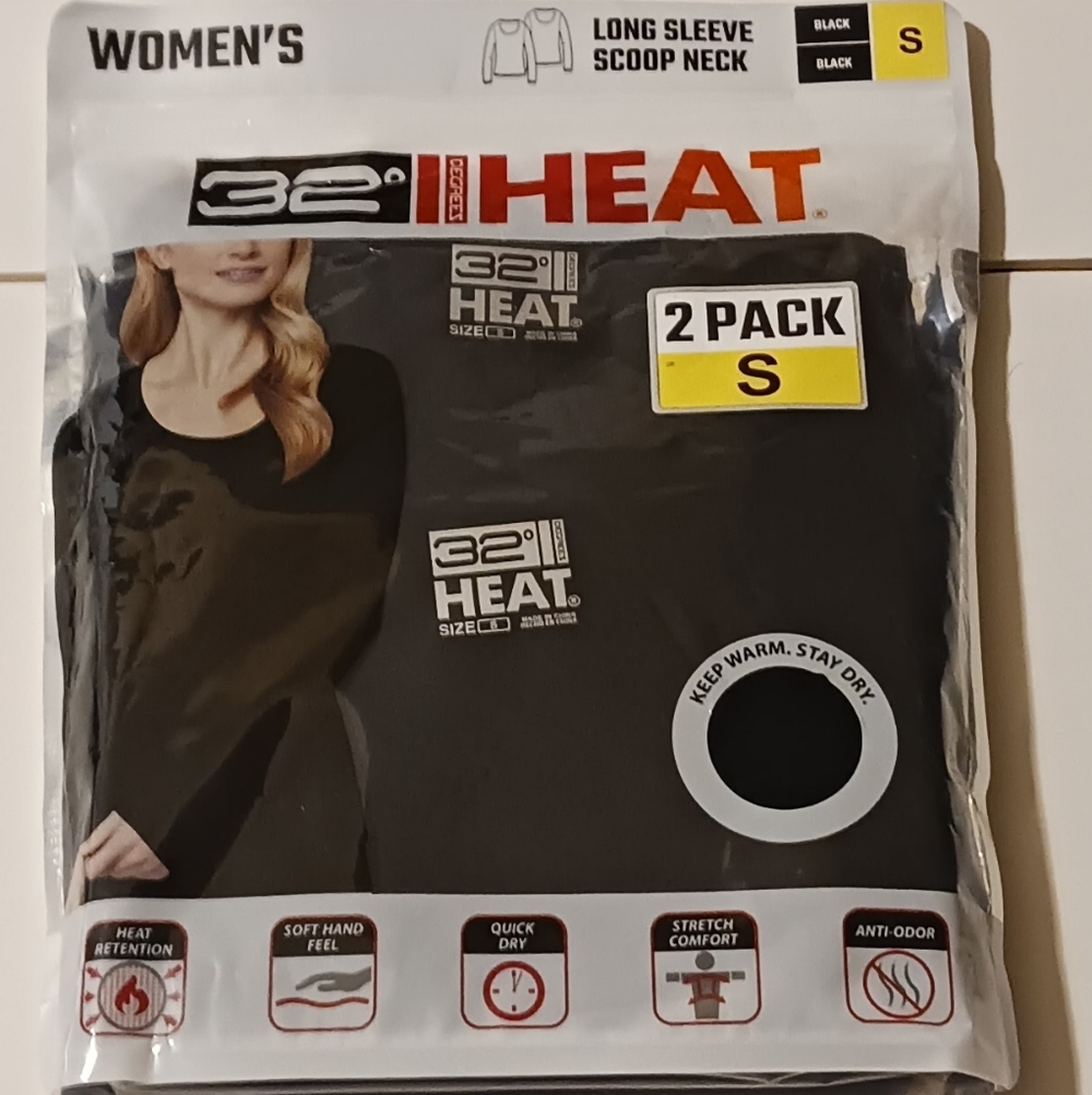 32 Degrees Women's Black Long Sleeve Scoop Neck Heat Retention 2-Pack Sm NWT